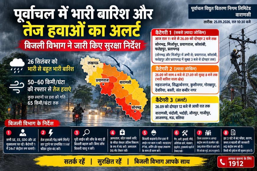 पूर्वांचल में भारी बारिश और तेज हवाओं का अलर्ट, बिजली विभाग ने जारी किए सुरक्षा निर्देश